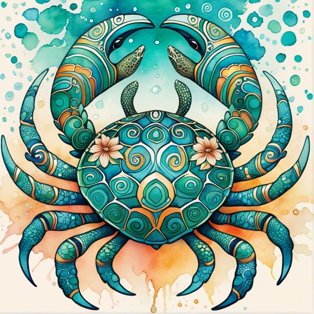 Vibrant Crab Illustration with Teal and Orange Patterns