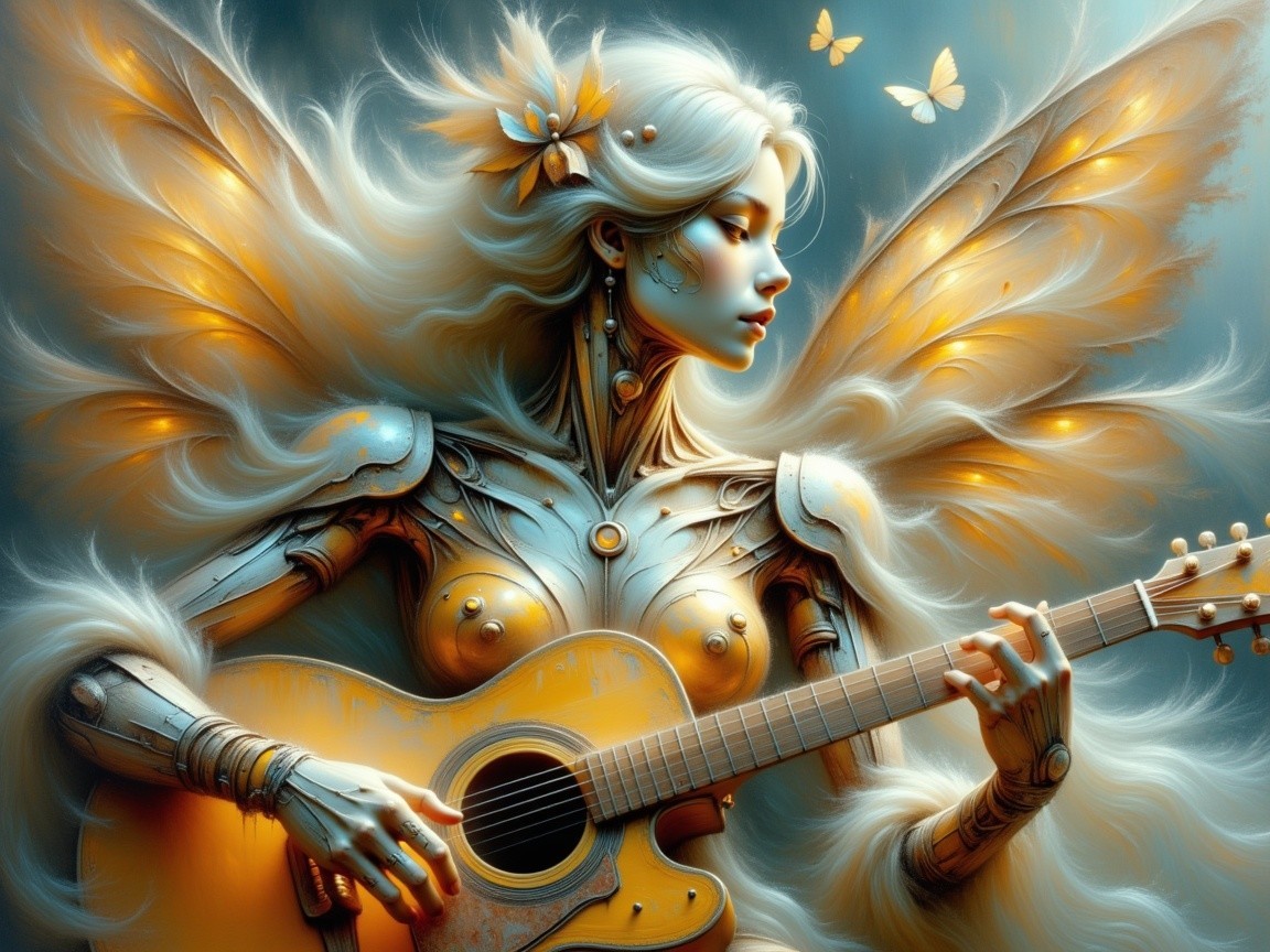 Humanoid Figure with Wings Playing Acoustic Guitar