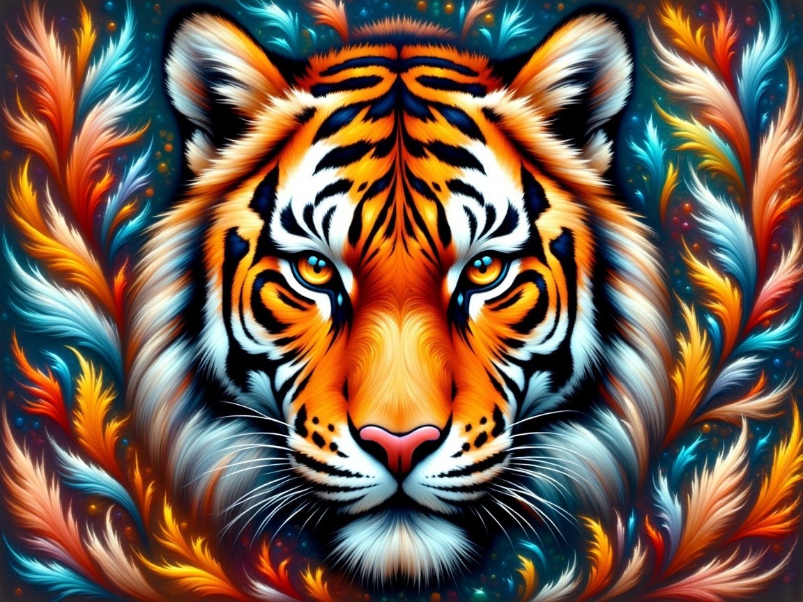 Majestic Tiger Face with Colorful Patterned Background