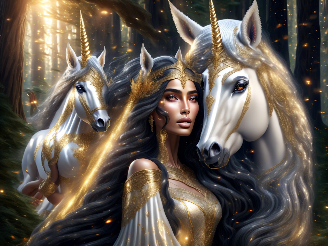 Regal woman and unicorns in a mystical forest scene