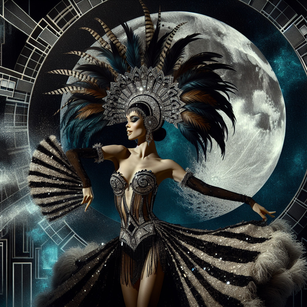 Dancer in Feathered Costume Against Moonlit Backdrop