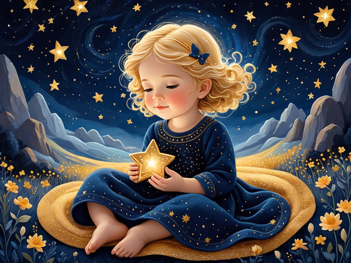 Cheerful girl with star in serene night sky setting