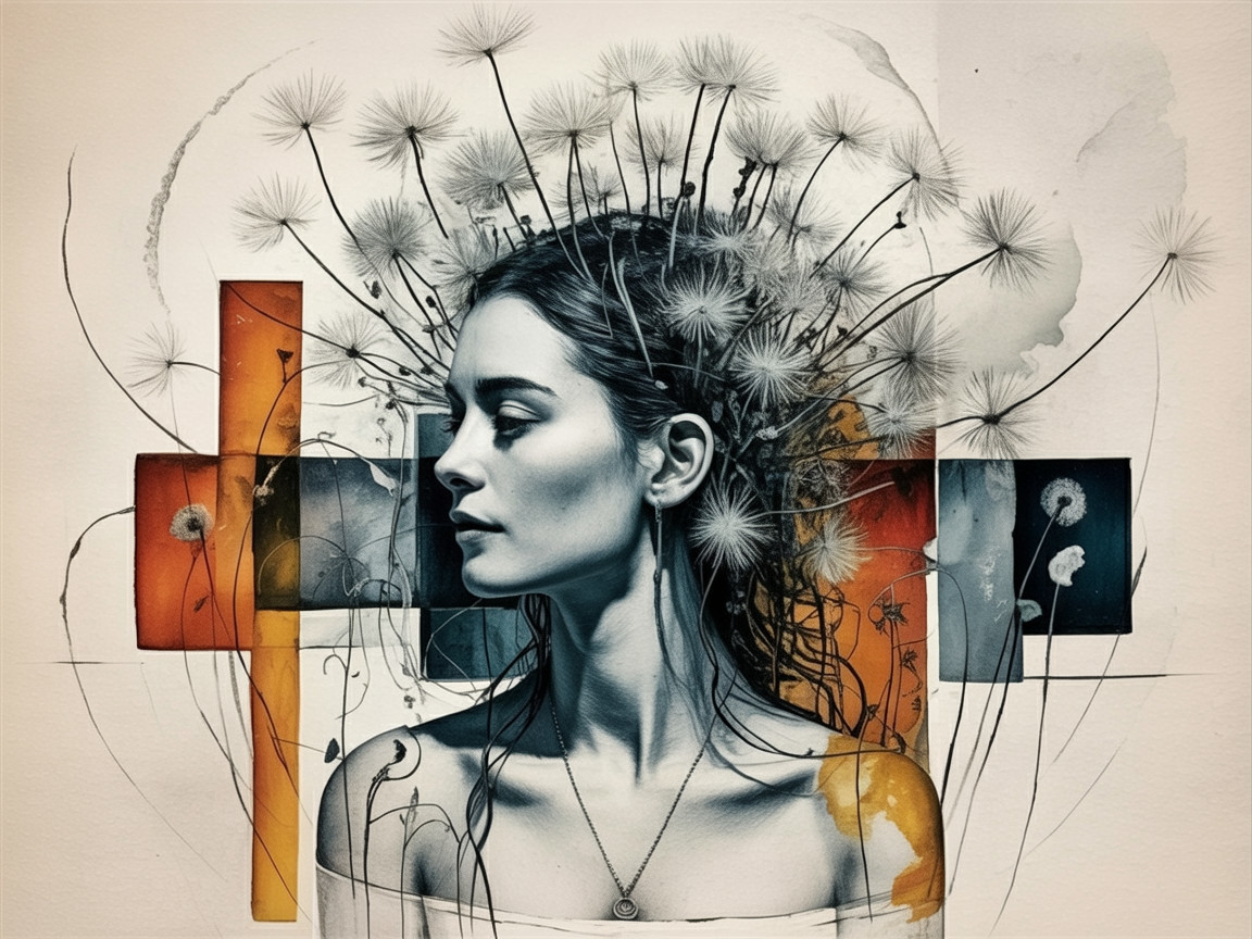 Profile of a Woman with Floral Crown and Geometric Shapes