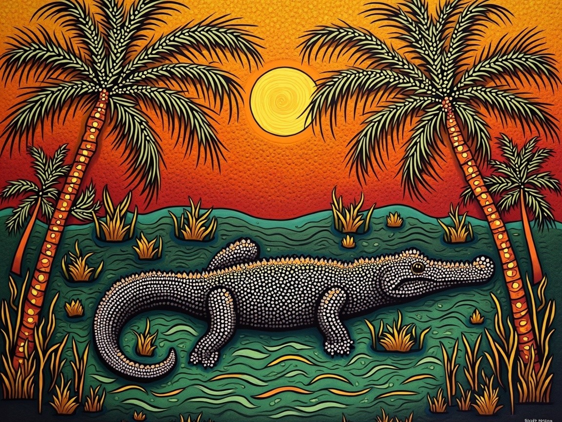Crocodile Illustration in Tropical Sunset Setting