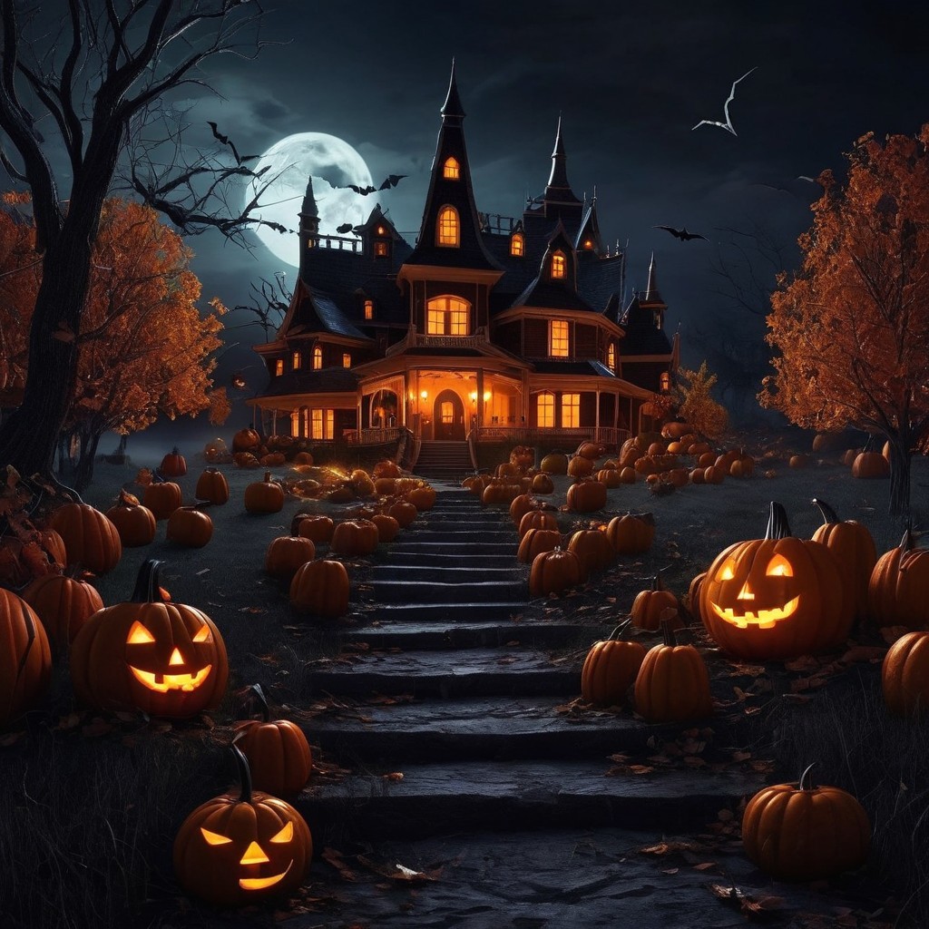 Gothic Mansion with Moonlit Halloween Atmosphere