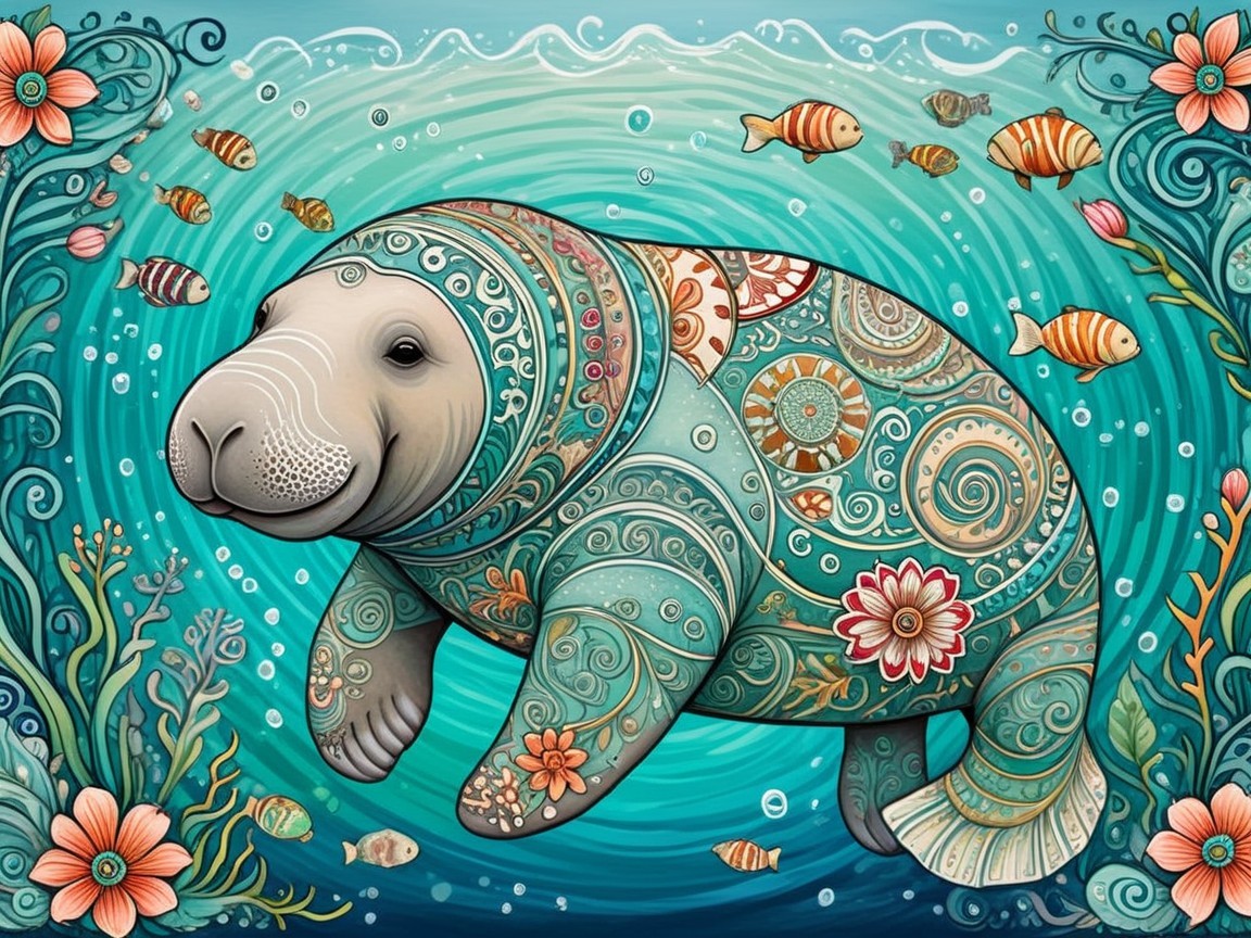 Illustration of a manatee in a vibrant underwater scene