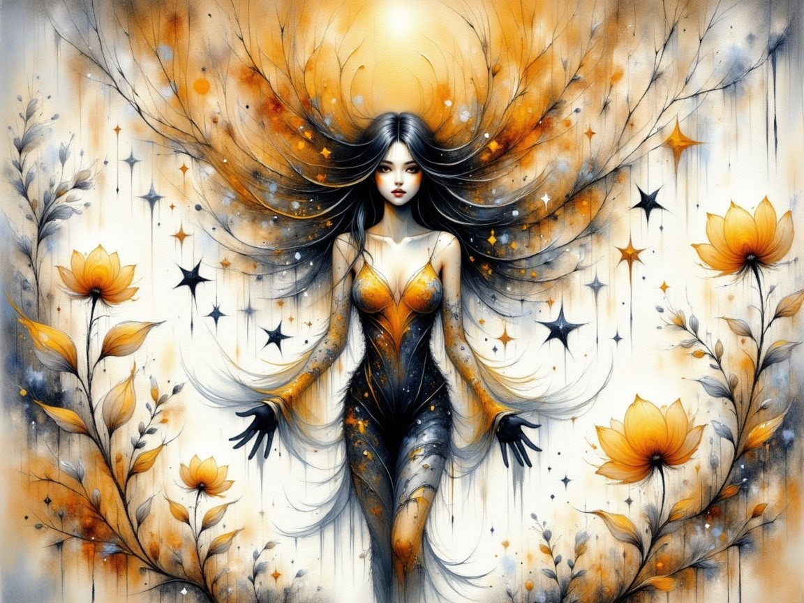 Mystical Figure in Orange and Gold Gown Among Flowers