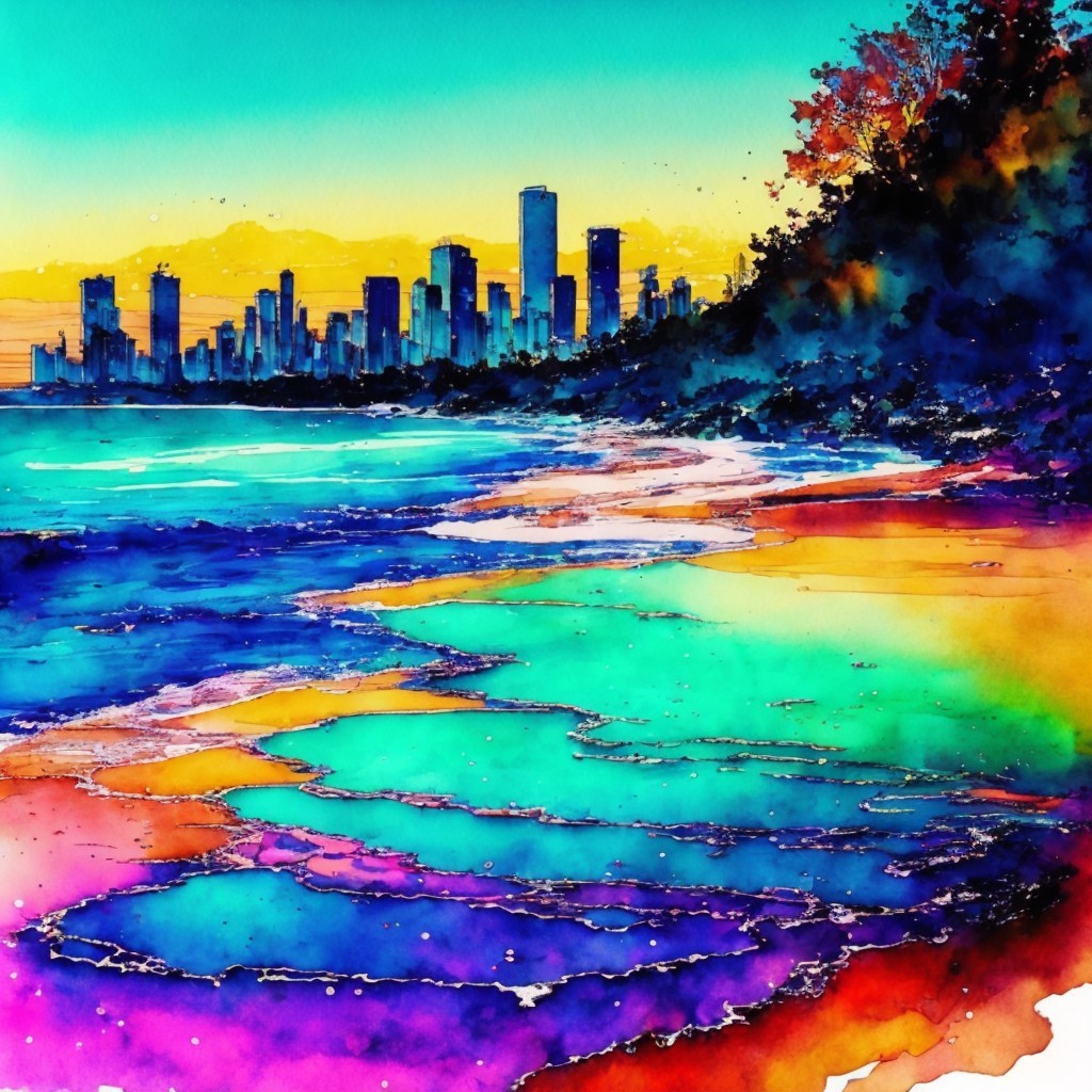 Vibrant Watercolor of Beach and City Skyline at Sunset