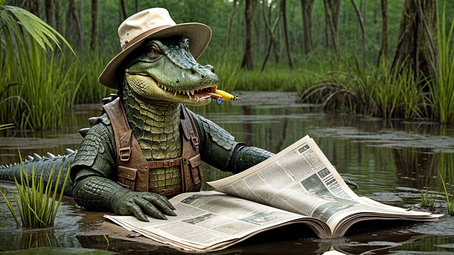 Crocodile in Hat and Vest Reading Newspaper in Swamp