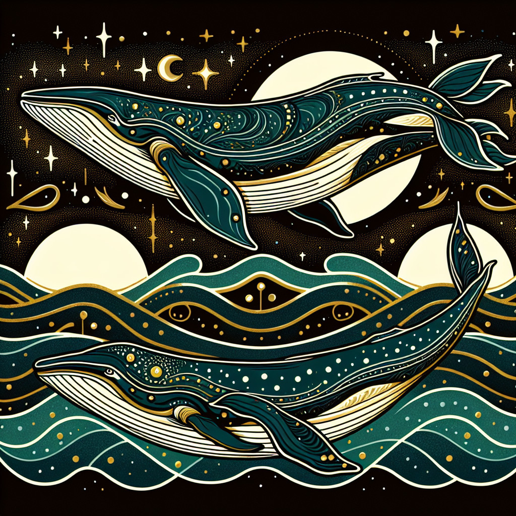 Decorative whales in teal and gold with celestial elements