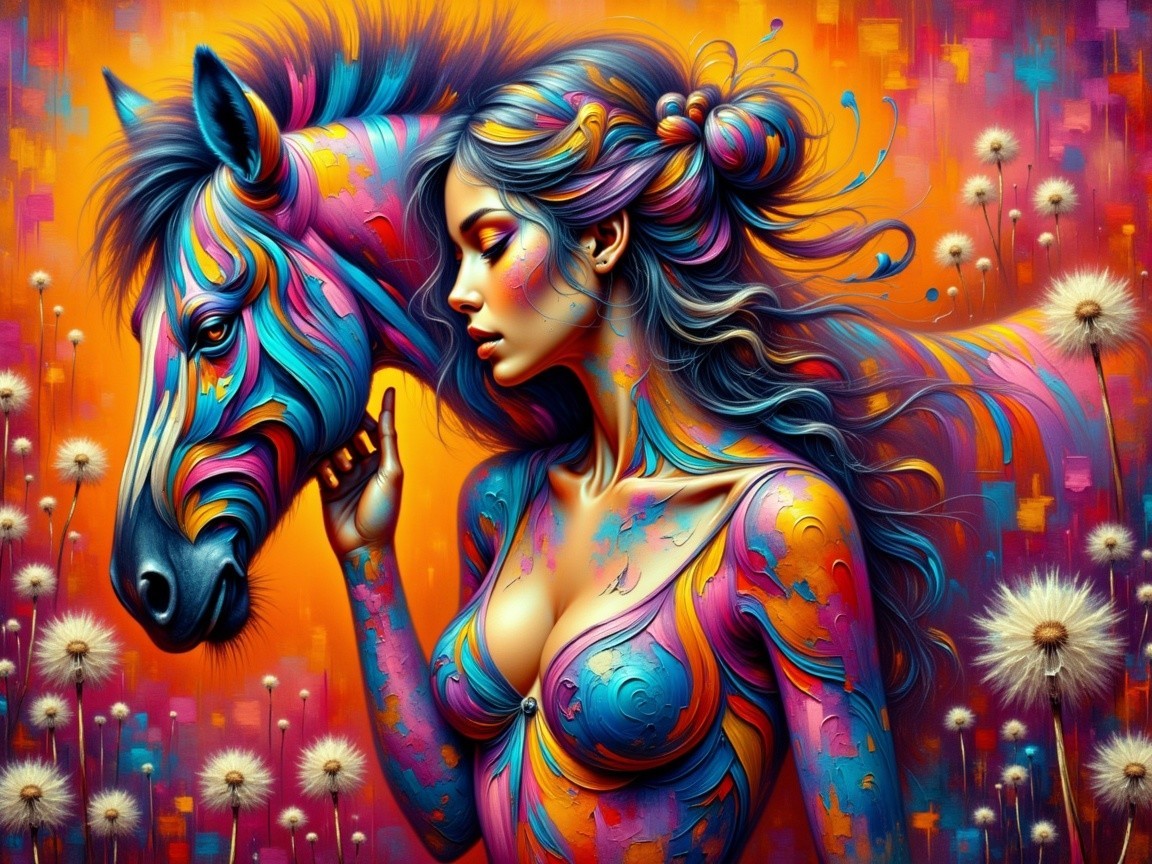 Surreal Artwork of Colorful Woman and Adorned Horse