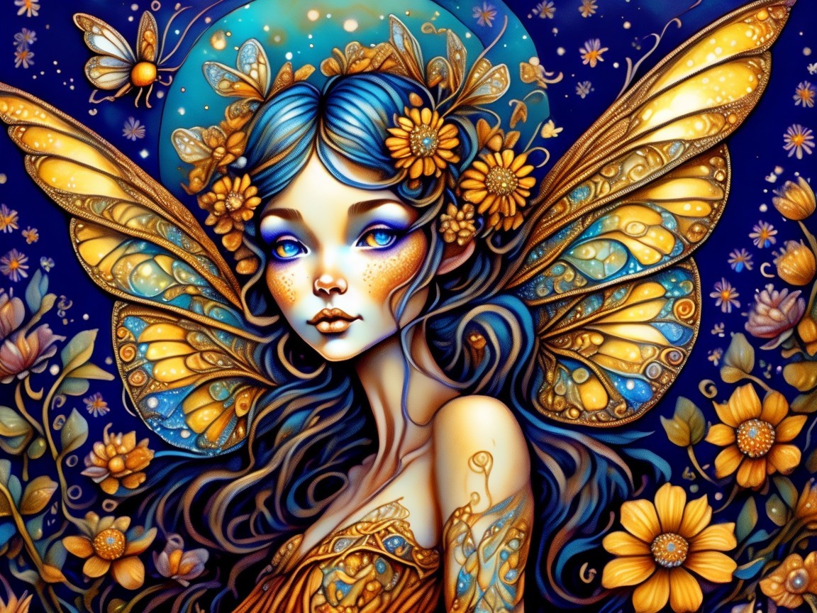 Whimsical Fairy with Blue Hair and Butterfly Wings