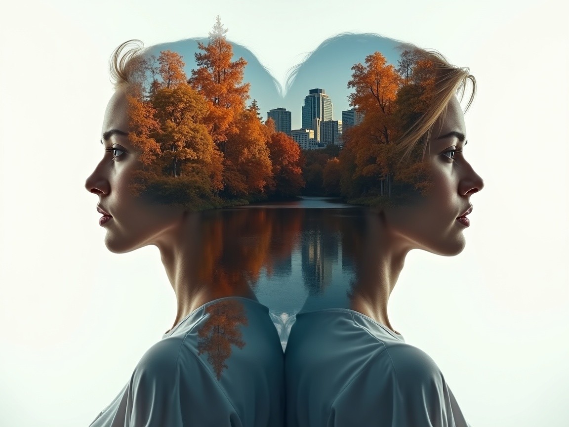 Dual Profile of Woman Merged with Autumn Landscape
