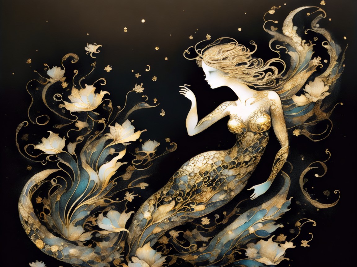 Mystical Mermaid Among Golden Flowers and Waves