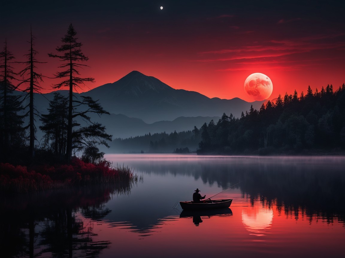 Lakeside Twilight Scene with Fisherman and Red Moon
