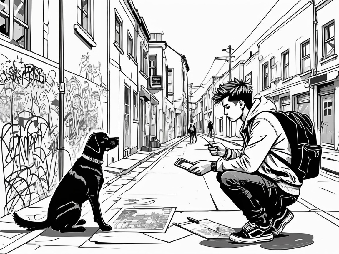 Young Man and Dog in Graffiti-Covered Urban Scene