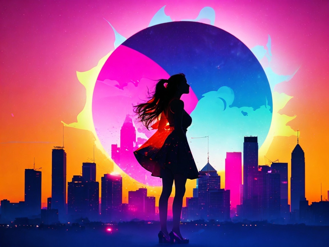 Silhouette of a Woman Against a Vibrant Sunset Skyline