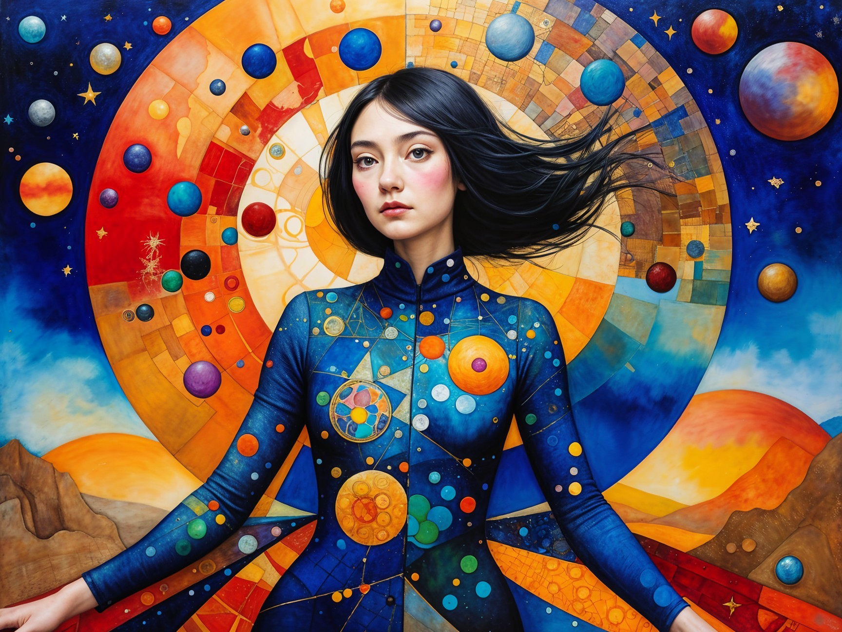 Portrait of a Woman in Cosmic-Themed Dress