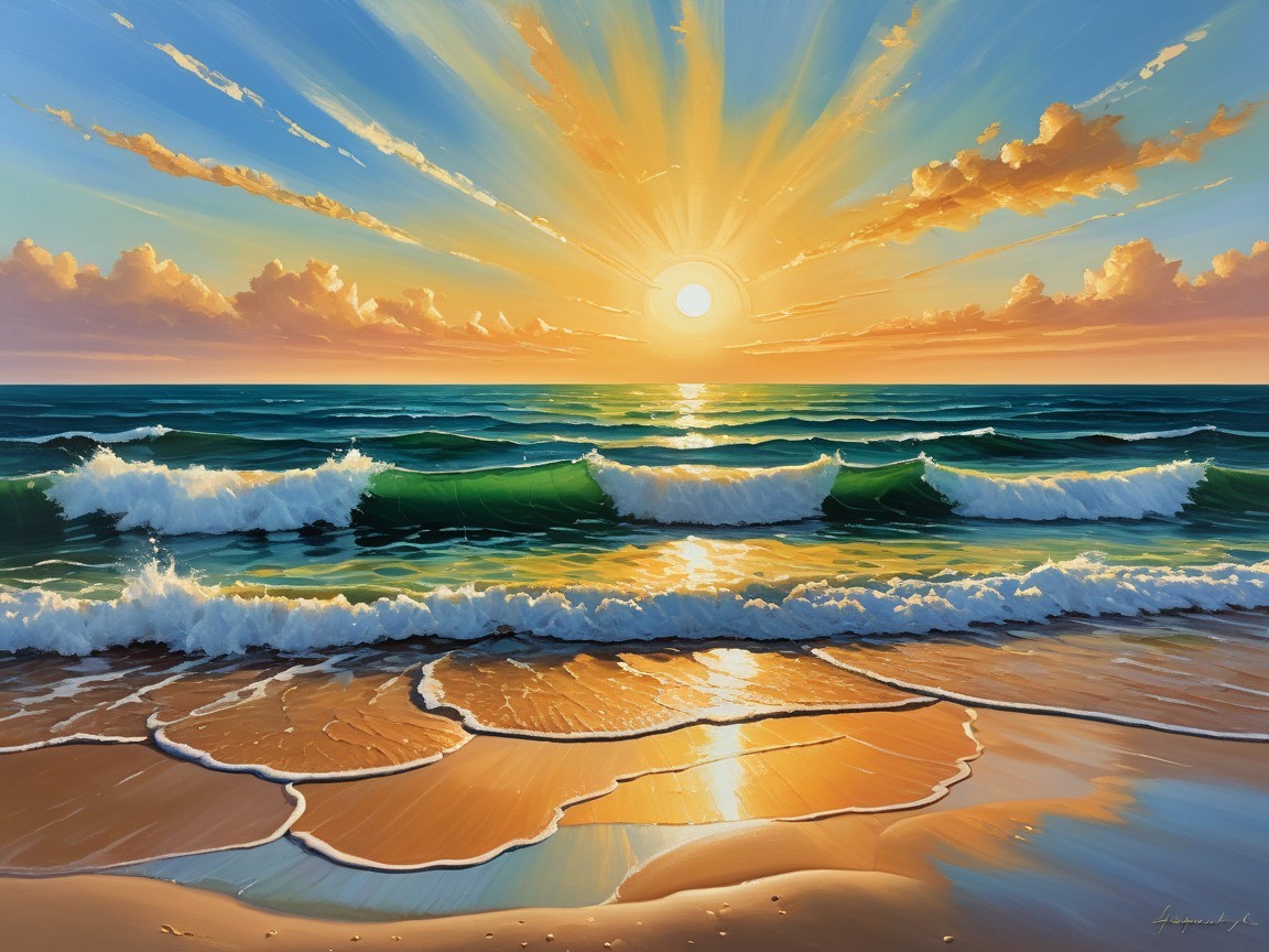 Vibrant Sunset Over the Ocean in Oil Painting