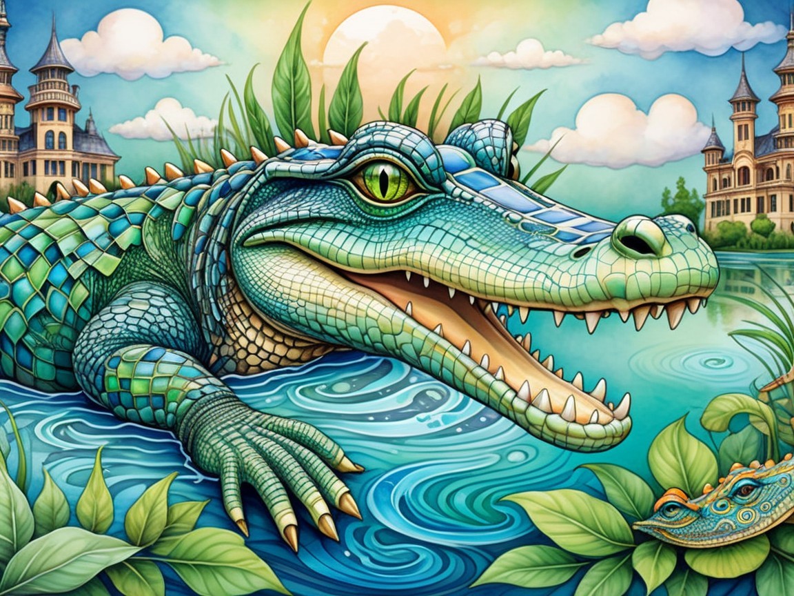 Crocodile in Tranquil Lake with Fantasy Background
