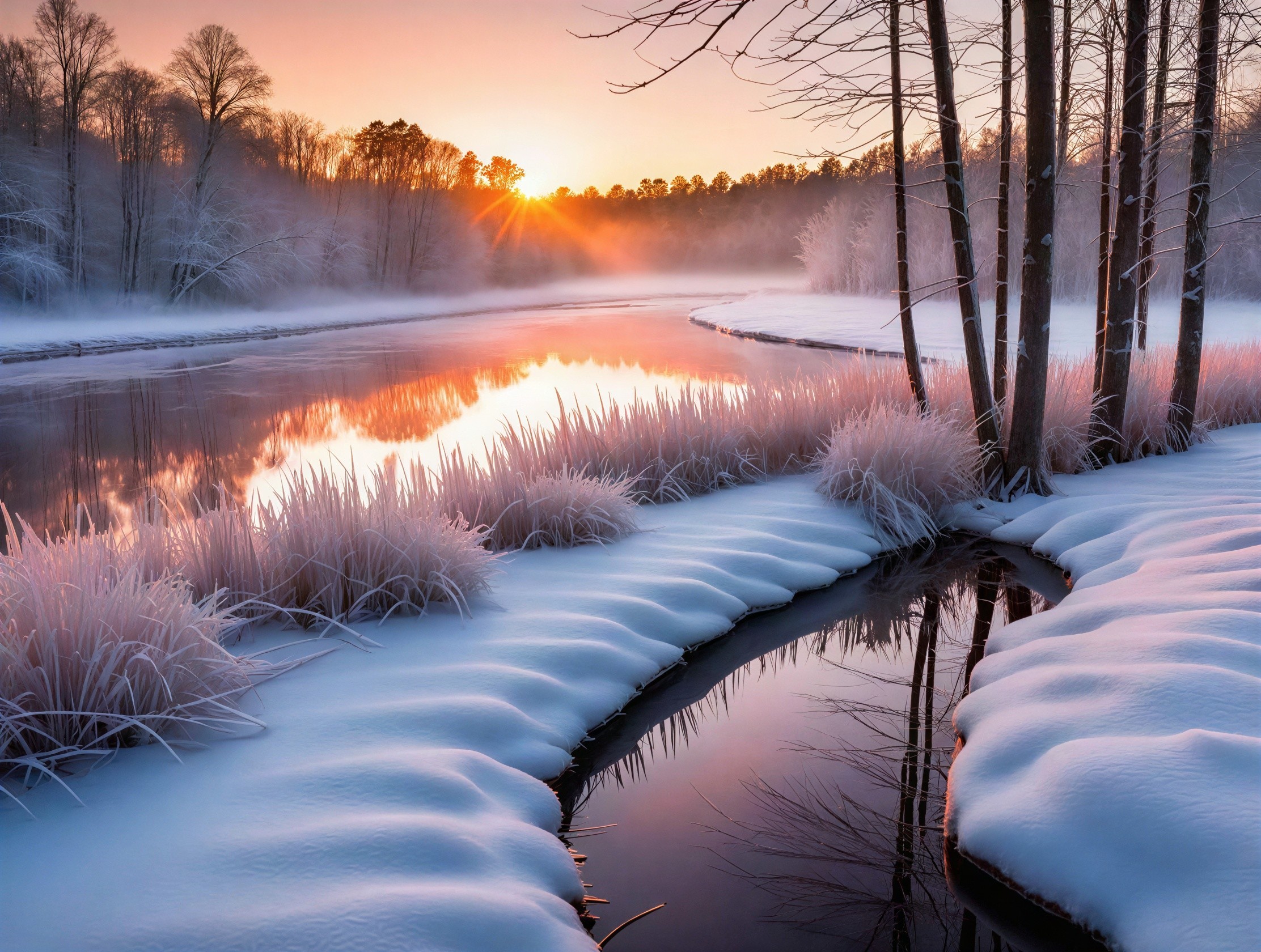 Winter Landscape at Sunrise with Snow-Covered River