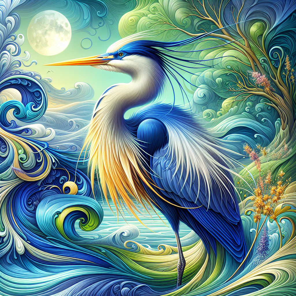 Majestic heron on one leg in serene moonlit scene