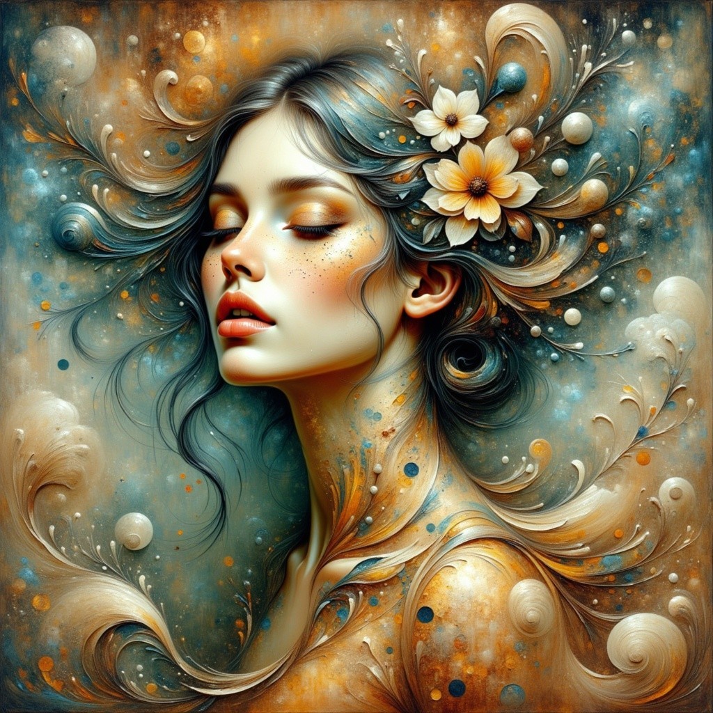 Portrait of a woman with flowers and swirling patterns