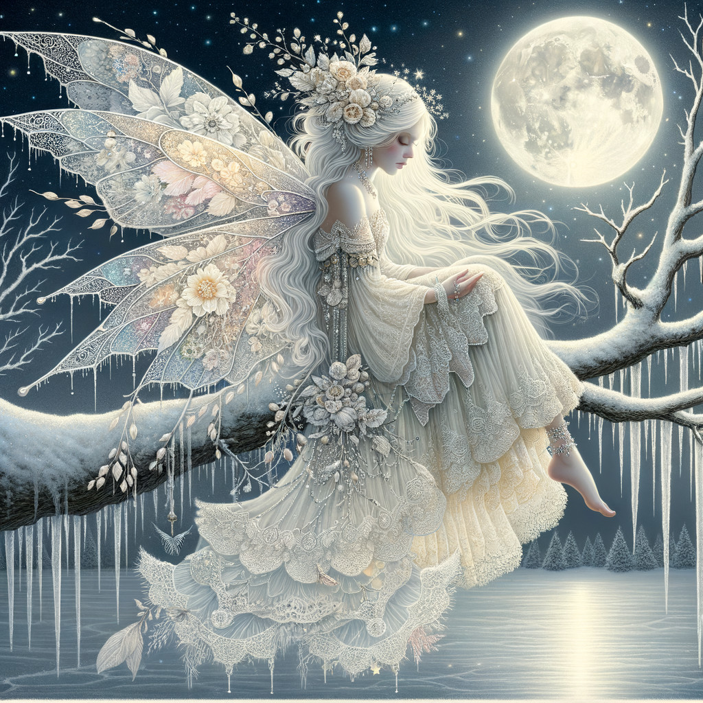 Ethereal Winter Fairy on Snowy Branch at Night