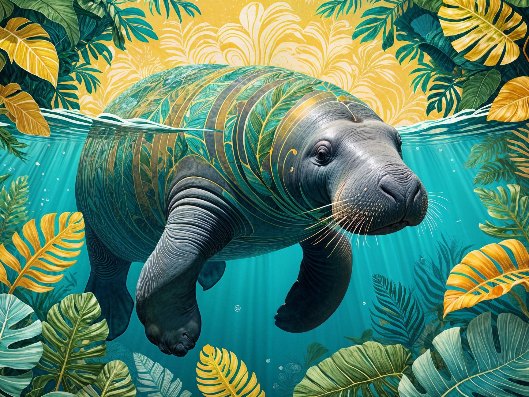 Vibrant Underwater Scene with Manatee and Foliage