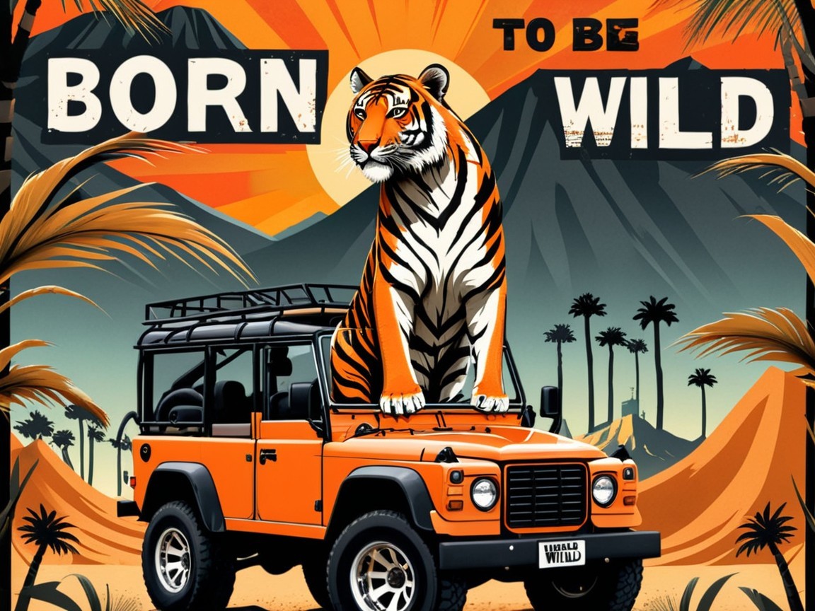 Stylized Jeep with Tiger in Desert Sunset Landscape
