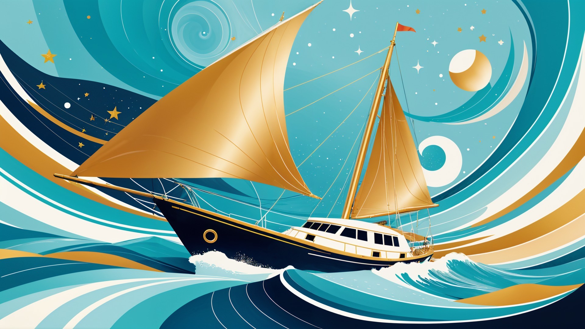 Stylized sailing yacht among vibrant swirling waves