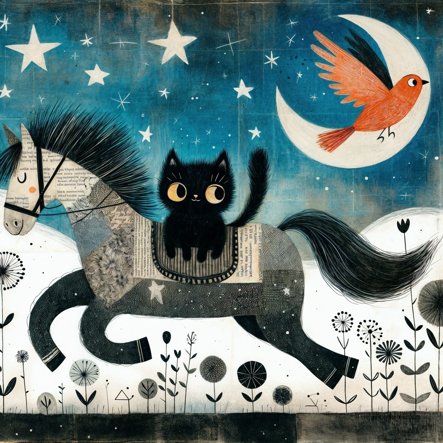 Whimsical Illustration of Cat on Horse in Night Sky