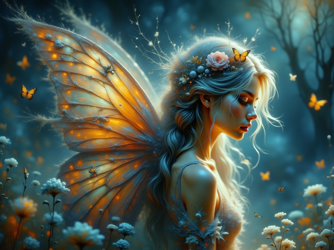 Fairy with Butterfly Wings in Dreamy Landscape