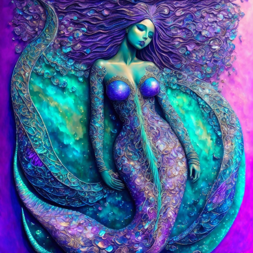Mermaid with Purple and Turquoise Hair in Underwater Scene