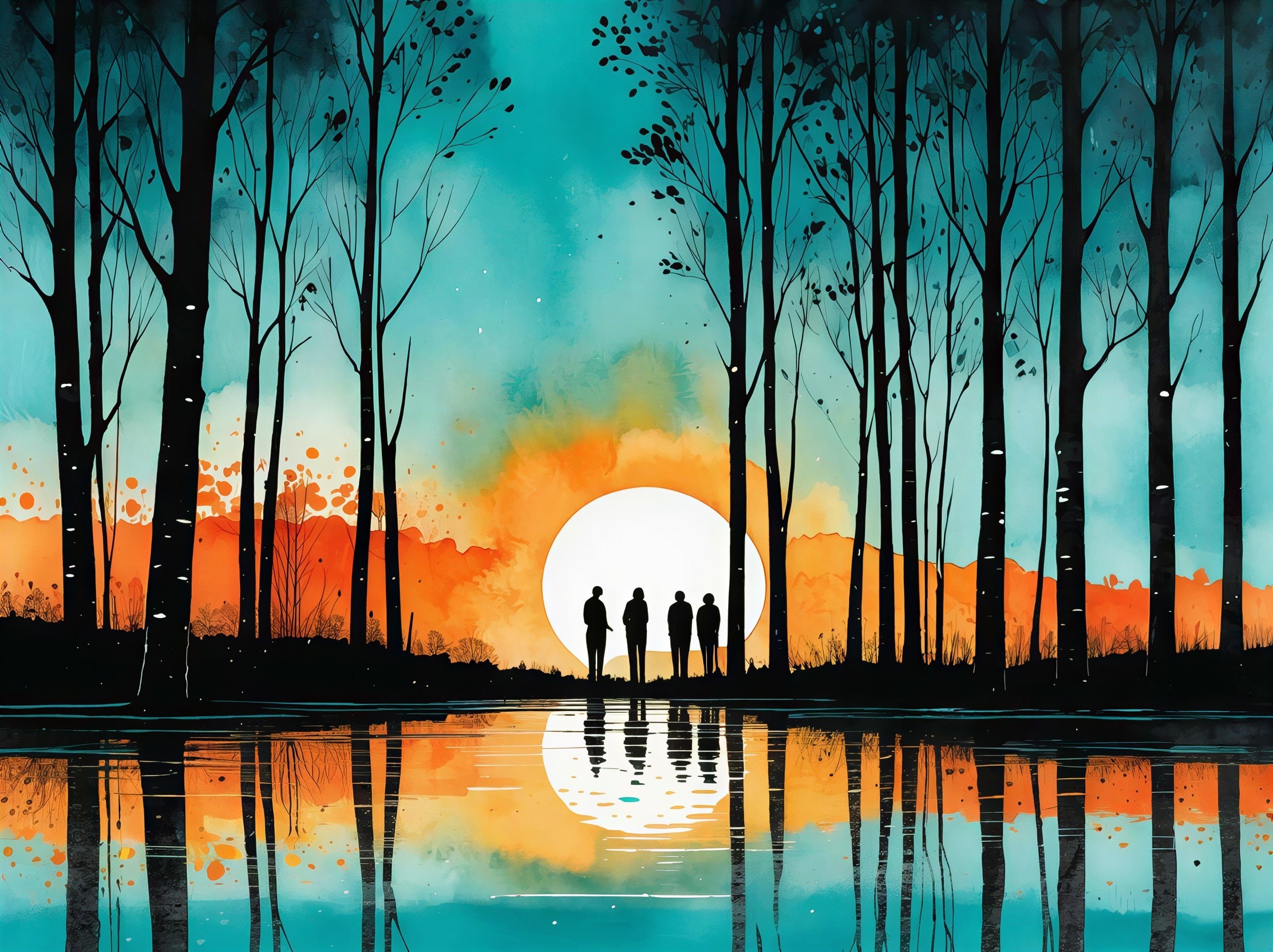 Silhouetted Figures by Water at Sunset in Watercolor
