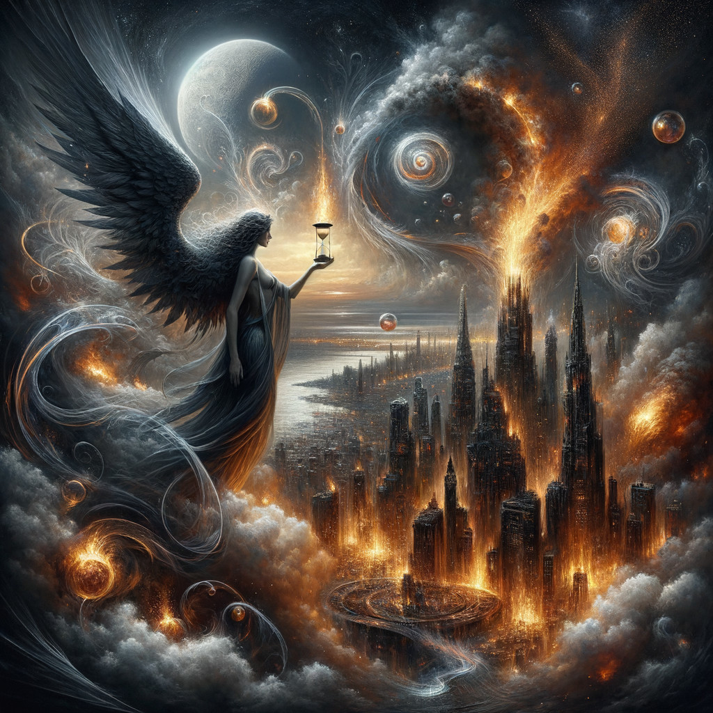 Winged Female Figure Over Futuristic Cityscape