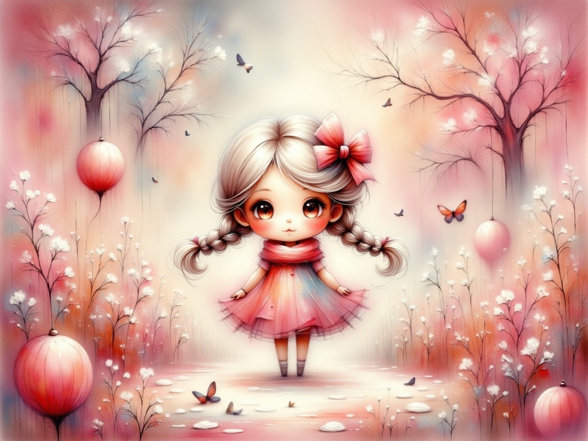 Whimsical Scene of a Girl in a Dreamy Landscape