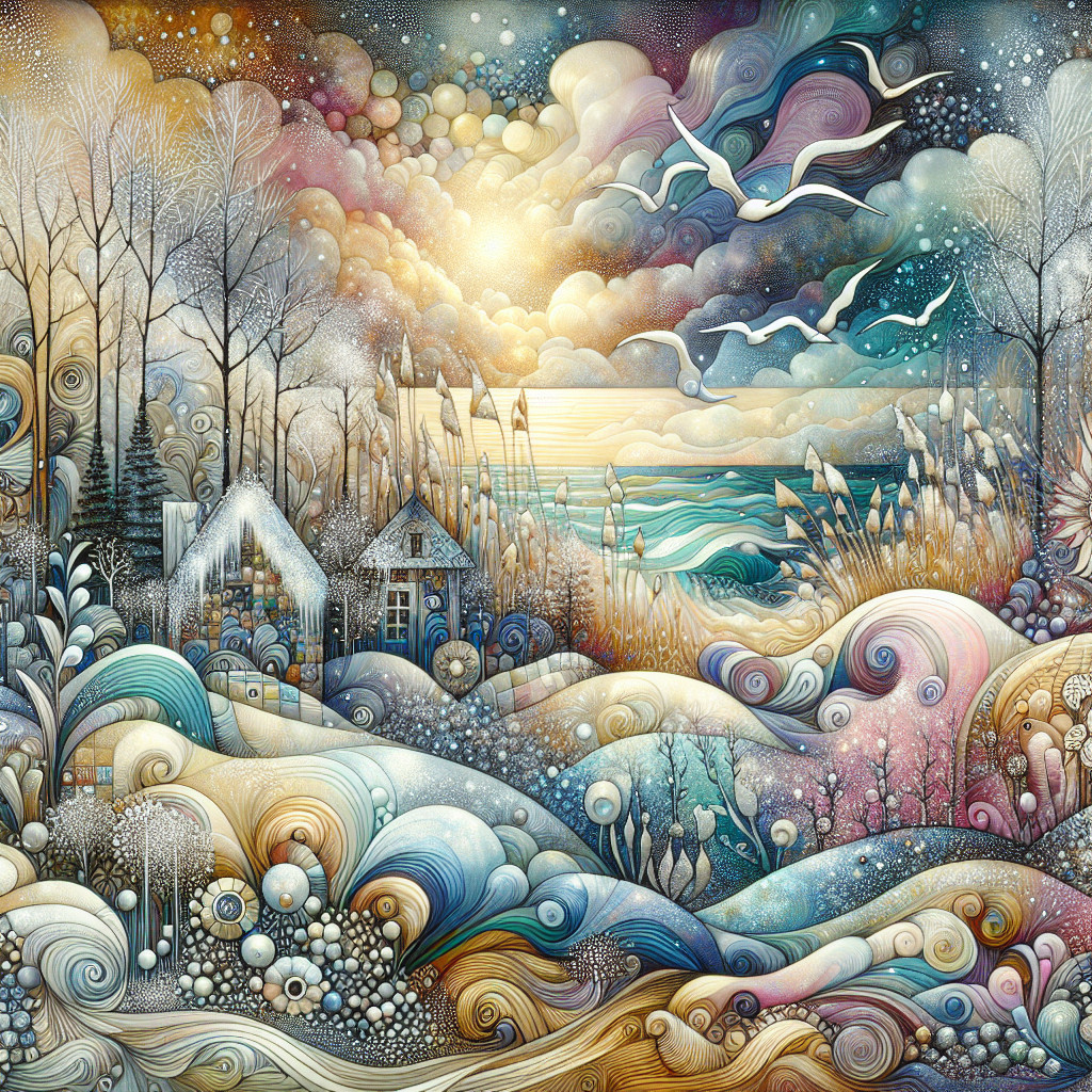 Whimsical Winter Landscape with Cottage and Sea