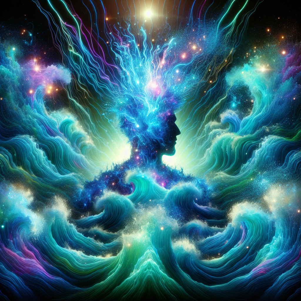 Silhouette Amid Cosmic Waves and Colorful Energy