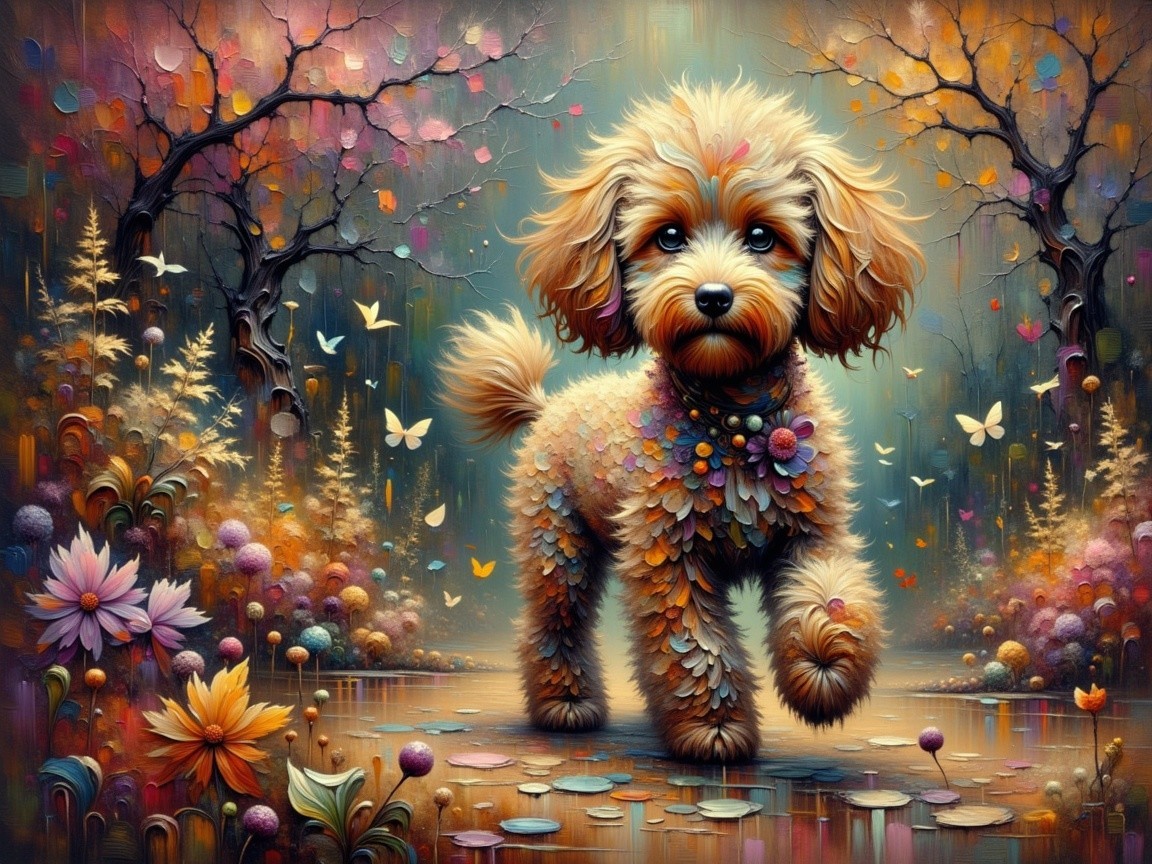Fluffy Golden-Brown Dog in Vibrant Autumn Landscape