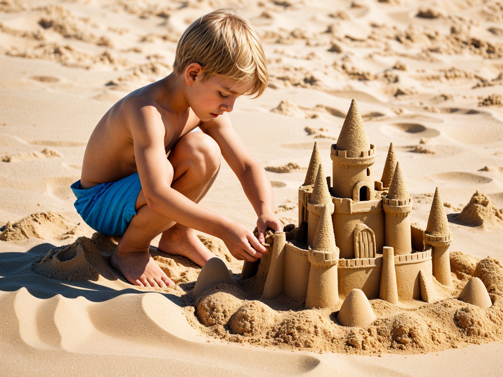 Young Boy Building Sandcastle on the Beach