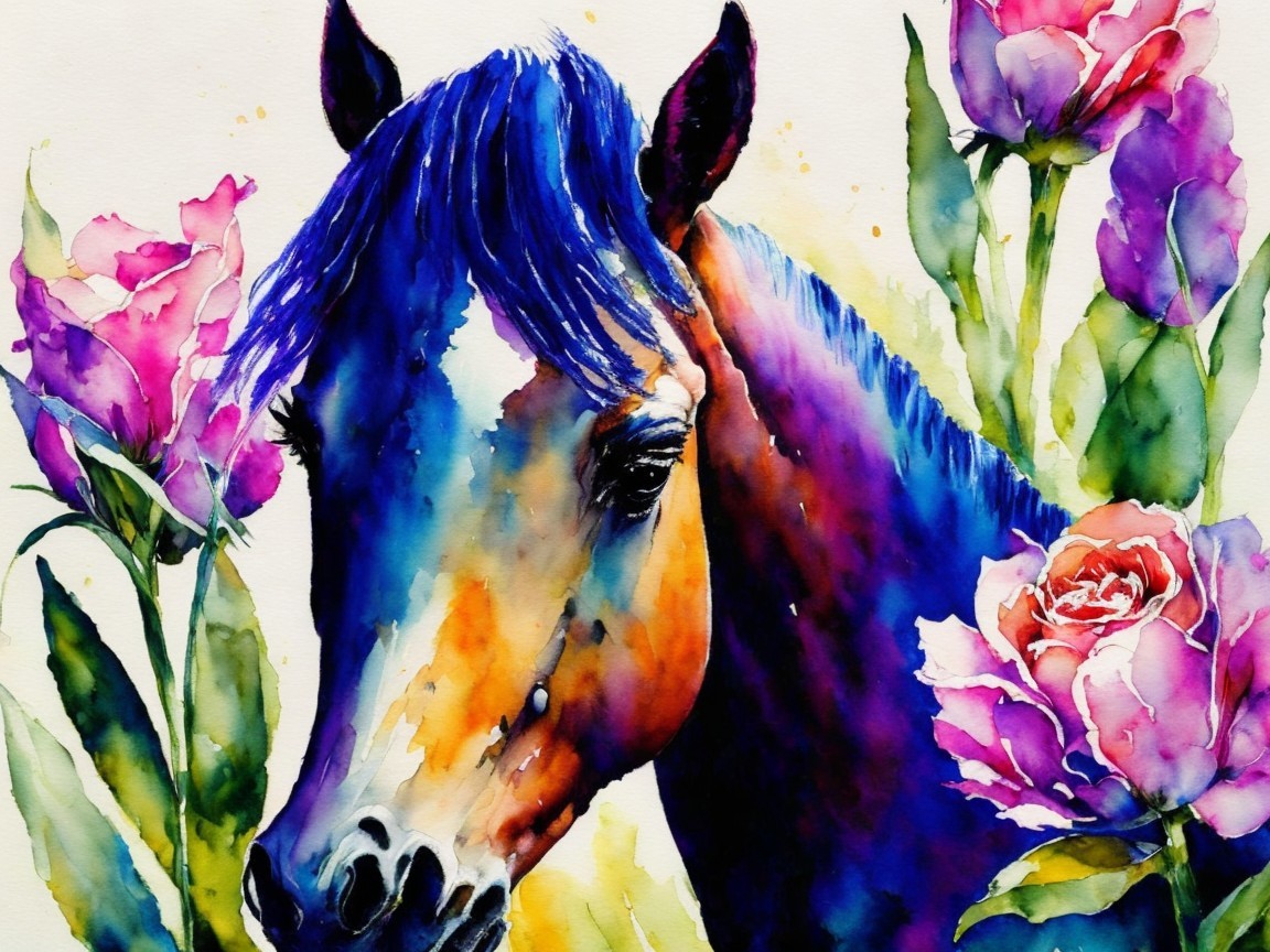 Vibrant Watercolor of Horse and Pink Roses