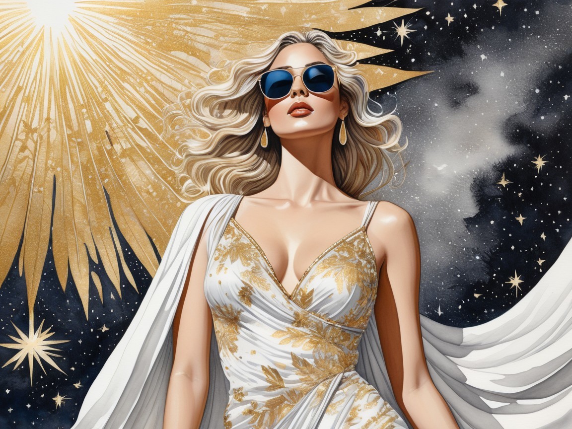 Stylish Woman in Elegant White Gown Against Stars