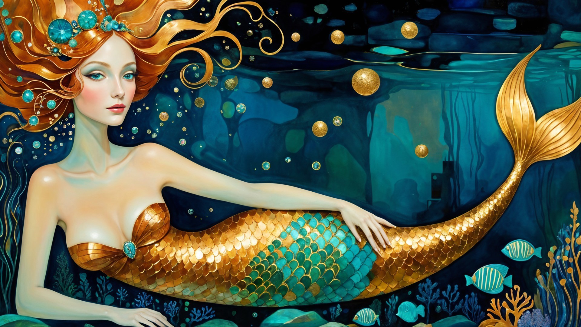 Underwater Scene with Mermaid and Marine Life