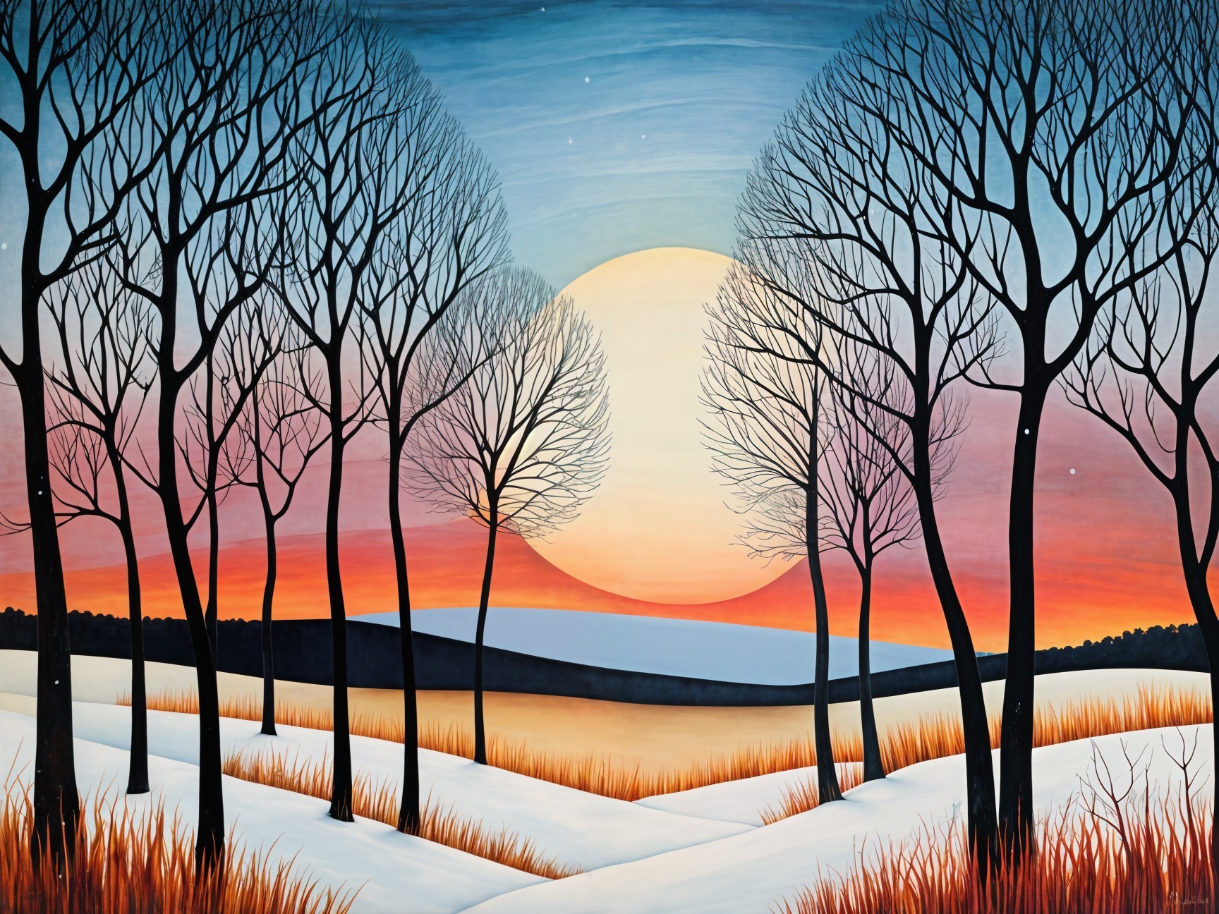 Tranquil Winter Scene with Vivid Sunset and Silhouettes
