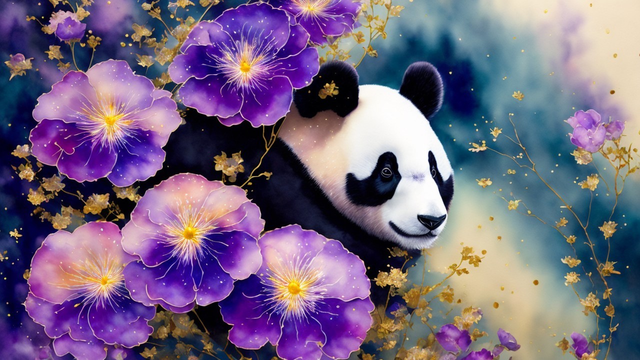 Whimsical Panda Among Vibrant Purple Flowers Illustration