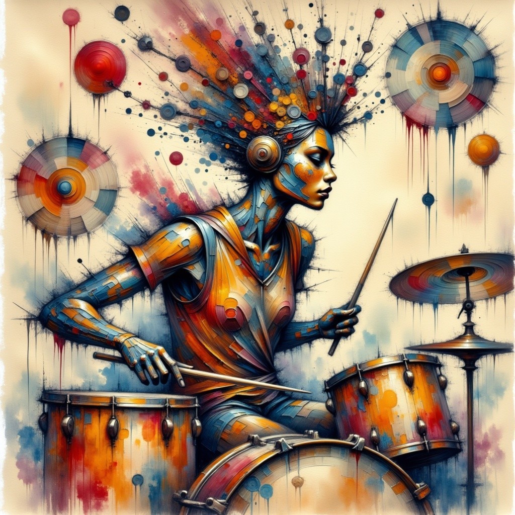 Stylized Robotic Drummer with Vibrant Colors and Motifs