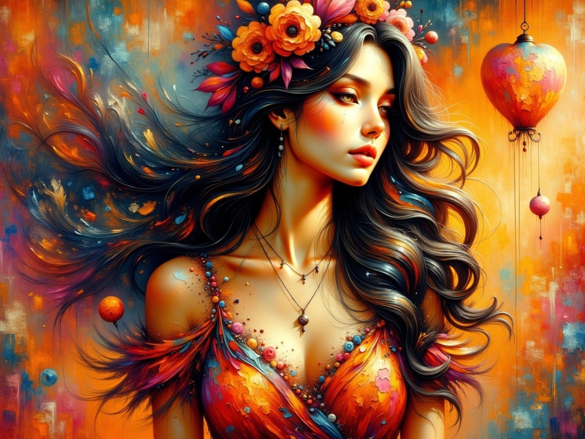 Female figure with flowers in colorful garment and balloons