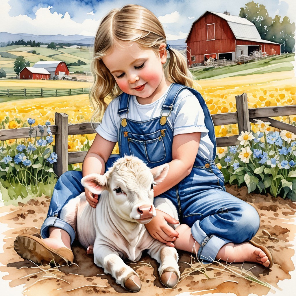 Young Girl in Overalls Cradles Calf on Farmyard
