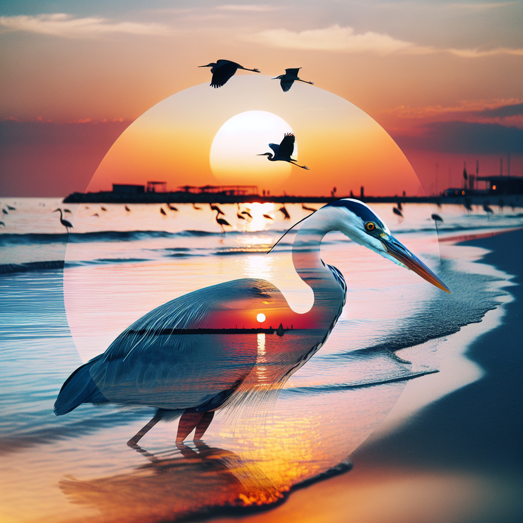 Serene Sunset Over Tranquil Beach with Heron
